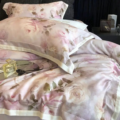 Decobites Pink Rose Flowers Print Bedding Set - 4Pcs