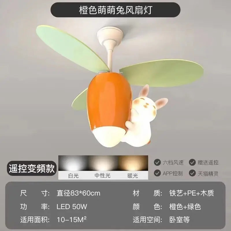DecorBites™ Kids Room Rabbit Carrot Helicopter Ceiling Fan Lamp Boy Girl Bedroom