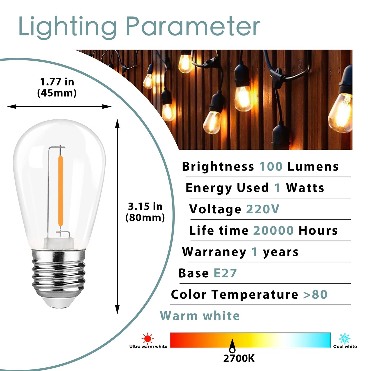 DecorBites™ Dimmable LED Filament Bulb Warm White 2700K Shatterproof Waterproof IP44
