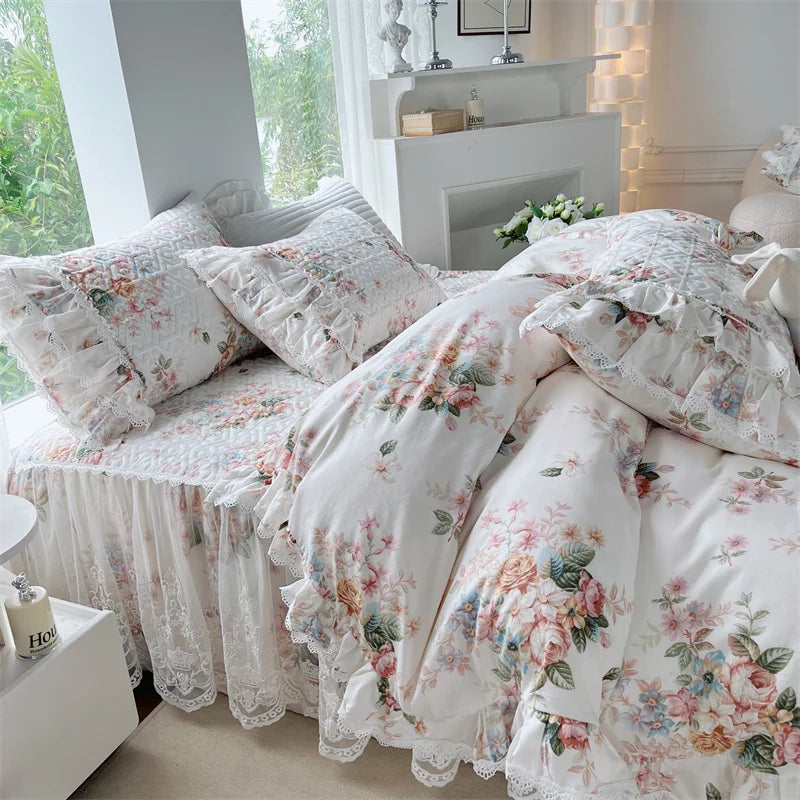 Decobites French Floral Print Bedding Set: Duvet Cover, Lace Ruffles, Quilted Embroidery, Pillowcases