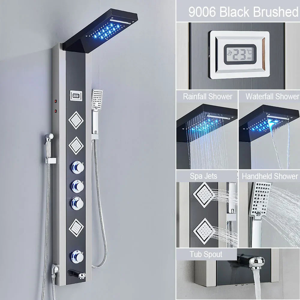 مجموعة دش مطري DecorBites™ أسود بإضاءة LED وشلال مع نفاثات تدليك