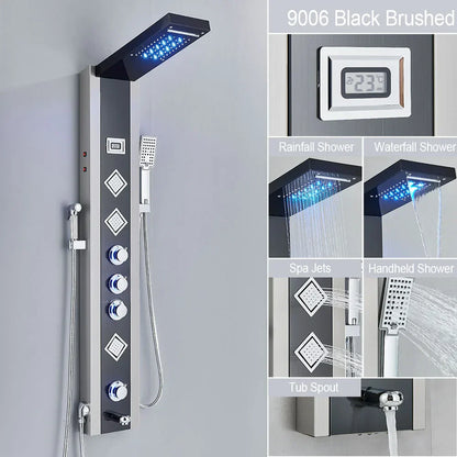 مجموعة دش مطري DecorBites™ أسود بإضاءة LED وشلال مع نفاثات تدليك