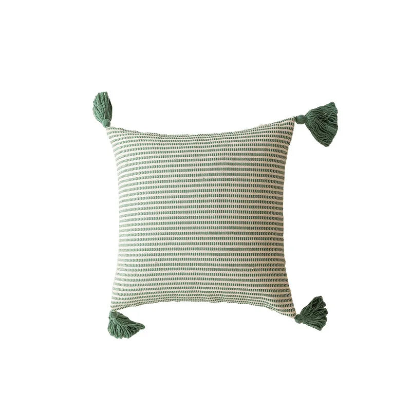 DecorBites™ Green Coffee Geometric Tuft Tassel Cushion Cover - Modern Minimalist Embroidered Pillowcase