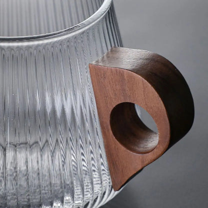 DecorBites™ Glass Coffee Mug with Wooden Handle, Japanese-Style Tea Cup, Vertical Stripes