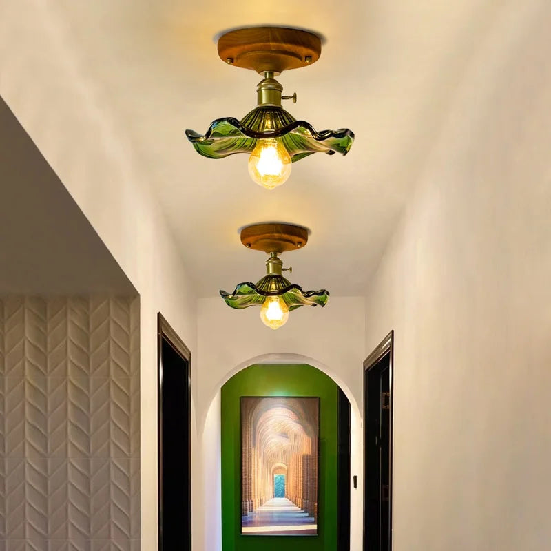 DecorBites™ Green Glass LED Ceiling Lamp Nordic Wood Copper Ceiling Lights