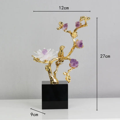 DecorBites™ Golden Tree Crystal Flower Brass Amethyst Decor with Golden Bird Figurines