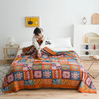 DecorBites™ Japanese Cotton Gauze Flower Blanket: Soft and Breathable Summer Throw