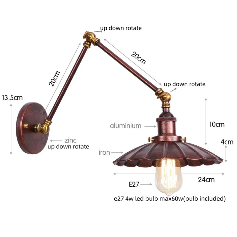 DecorBites™ Gold LED Industrial Wall Lamp with Pull Chain Switch