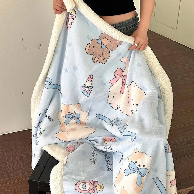 DecorBites™ Cartoon Lamb Wool Blanket - Thick, Printed Coral Fleece Sofa Cover
