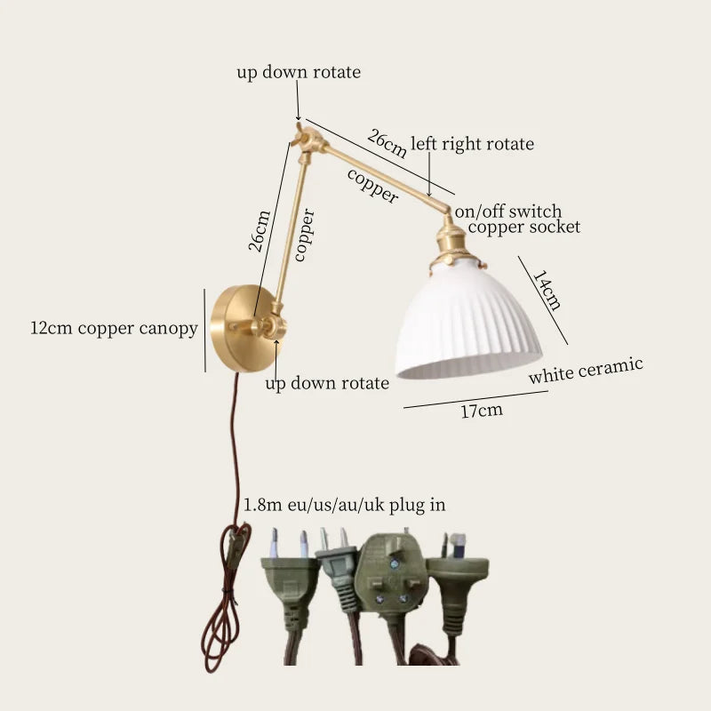 DecorBites™ Ceramic LED Wall Lamp, Pull Chain Switch, Nordic Copper, Small Size