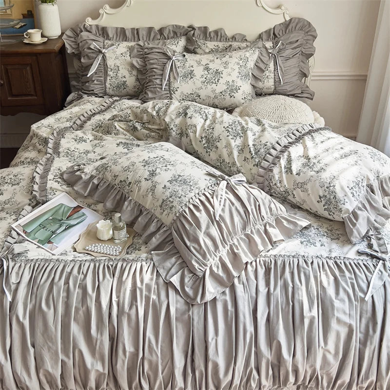 Decobites French Vintage Flowers Cotton Bedding Set with Lace Ruffles & Pleats