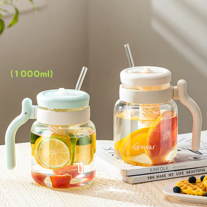 DecorBites™ 1000ML Glass Tumbler with Lid, Straw & Handle - Transparent Coffee Cup Water Bottle