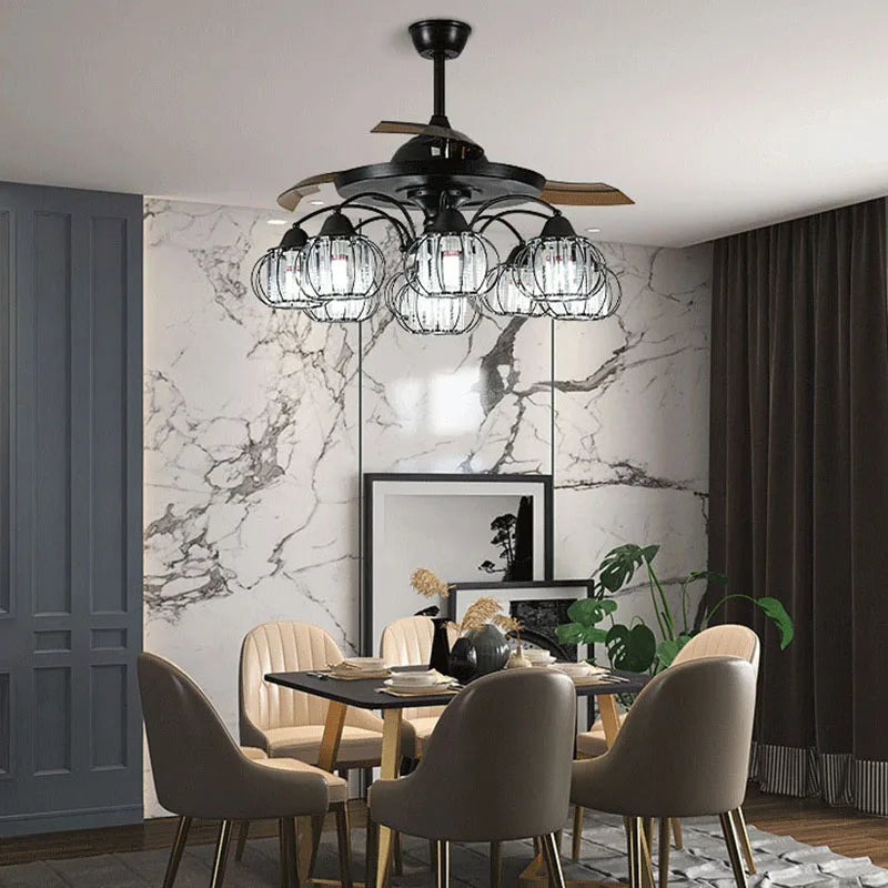 DecorBites™ Black Crystal LED Ceiling Fan Chandelier, 6/9 Heads, Remote Control, Reverse Motor