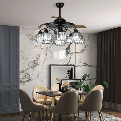 DecorBites™ Black Crystal LED Ceiling Fan Chandelier, 6/9 Heads, Remote Control, Reverse Motor