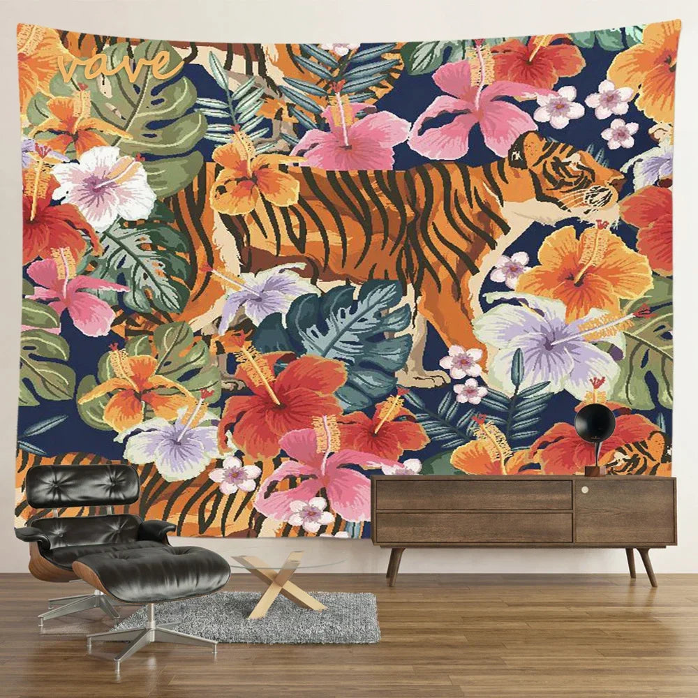 Decobites Psychedelic Tiger Tapestry Wall Hanging - Mysterious Flower Jungle Moon Landscape