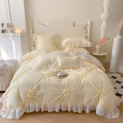 DecorBites™ Lace Princess Bedding Set: Romantic Ruffles & Bow Duvet Cover, Sheet, Pillowcases