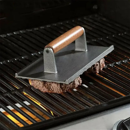 DecorBites™ Heavy Cast Flat Iron Steak Weight with Wooden Handle