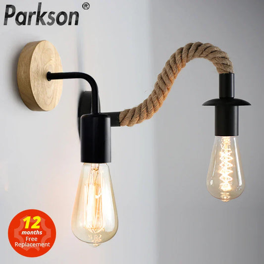DecorBites™ Hemp Rope Wall Lamp E27 Indoor Outdoor Loft Industrial Sconce Bedside Lamp