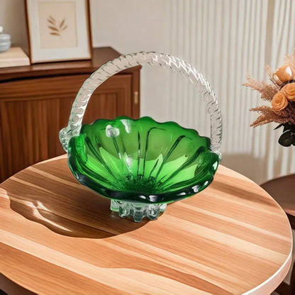 DecorBites™ Crystal Handle Fruit Basket Glass Tray for Coffee Table, Elegant Living Room Decor