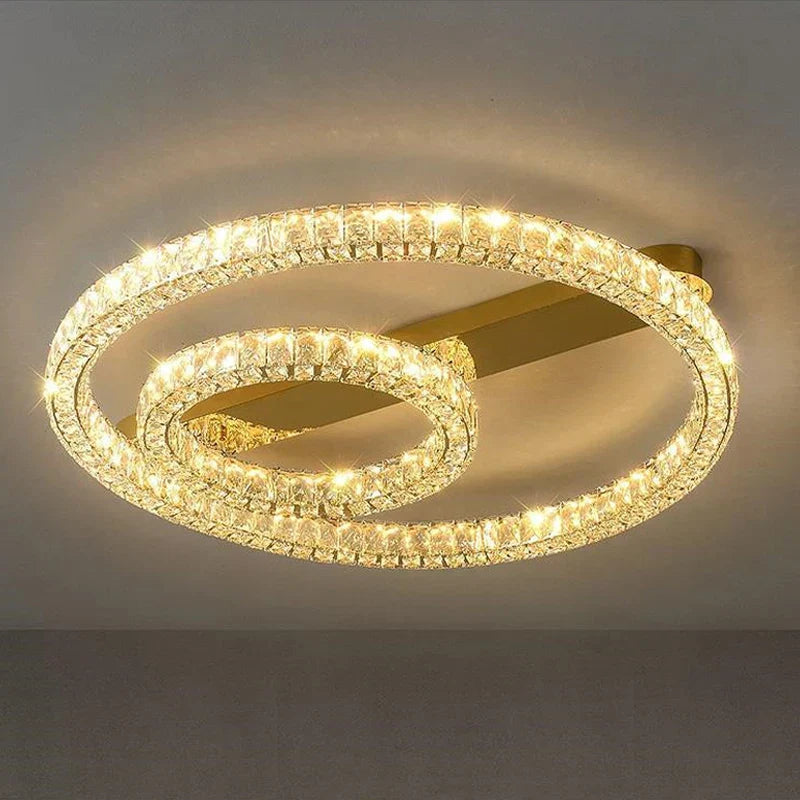 DecorBites™ Crystal Ring Ceiling Light: Golden Gloss Dimmable LED Chandelier