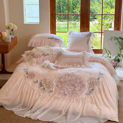 Decobites Pink Flowers Lace Ruffles Princess Bedding Set, 1200TC Egyptian Cotton Duvet Cover