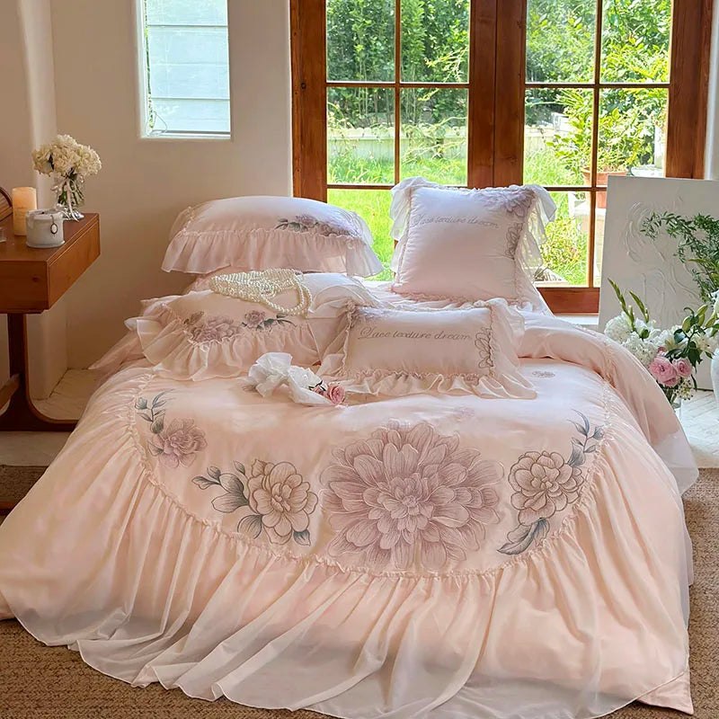 Decobites Pink Flowers Lace Ruffles Princess Bedding Set, 1200TC Egyptian Cotton Duvet Cover