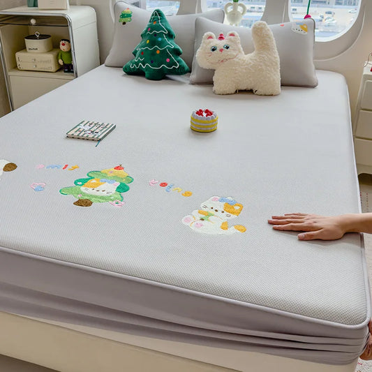 DecorBites™ Cartoon Embroidered Fitted Sheet for Single Bed - All-Season Comfort