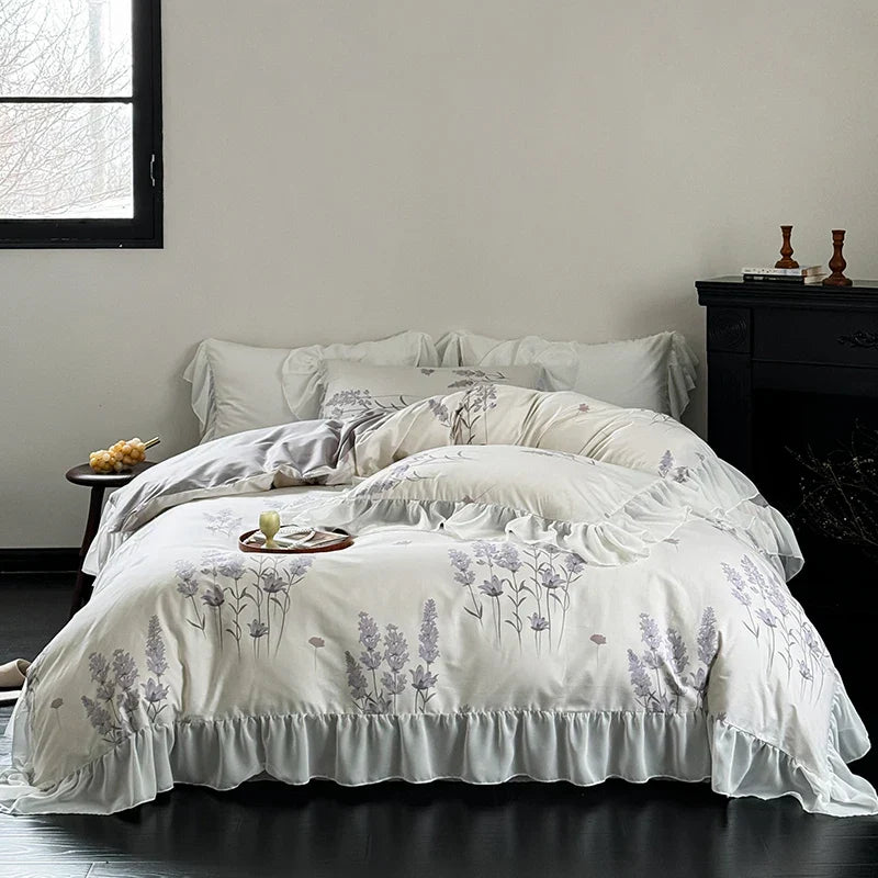 DecorBites™ Lace Ruffles Princess Cotton Bedding Set, Floral Quilt Cover, Girls Wedding Home Textiles