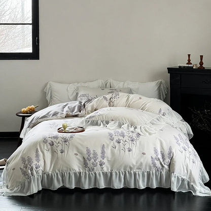 DecorBites™ Lace Ruffles Princess Cotton Bedding Set, Floral Quilt Cover, Girls Wedding Home Textiles
