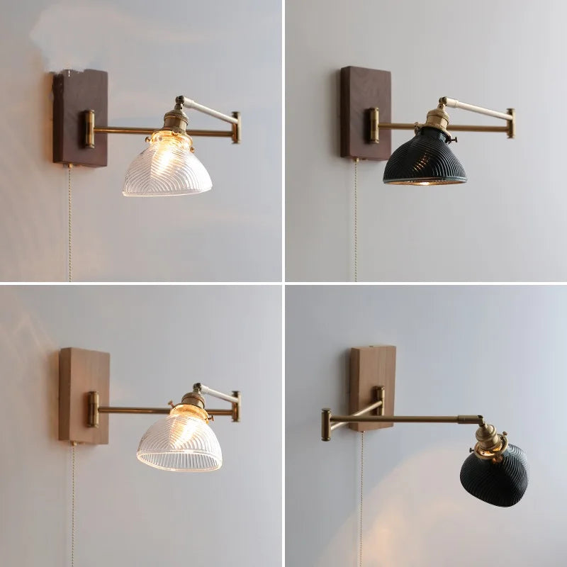 DecorBites™ Clear Glass Copper LED Wall Light with Pull Chain Switch & Walnut Wood Canopy