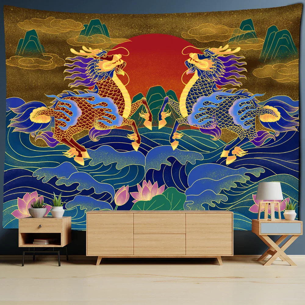 Decobites Golden Dragon Totem Carving Tapestry: Mysterious Psychedelic Wall Hanging