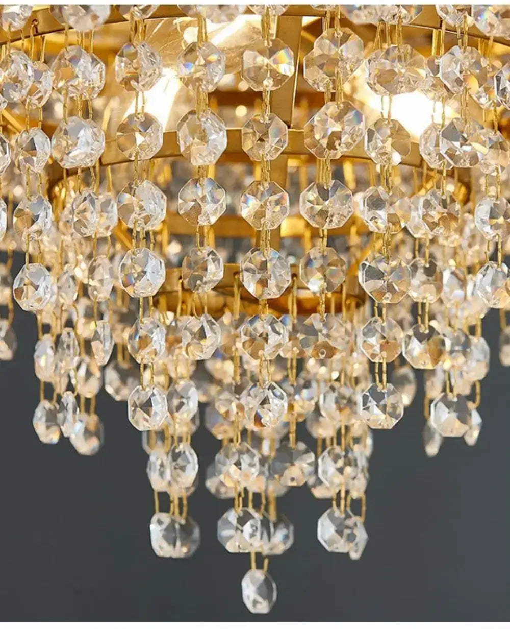 Luxury gold crystal led ceiling chandelier featuring cascading faceted crystal droplets designed for living room illumination.