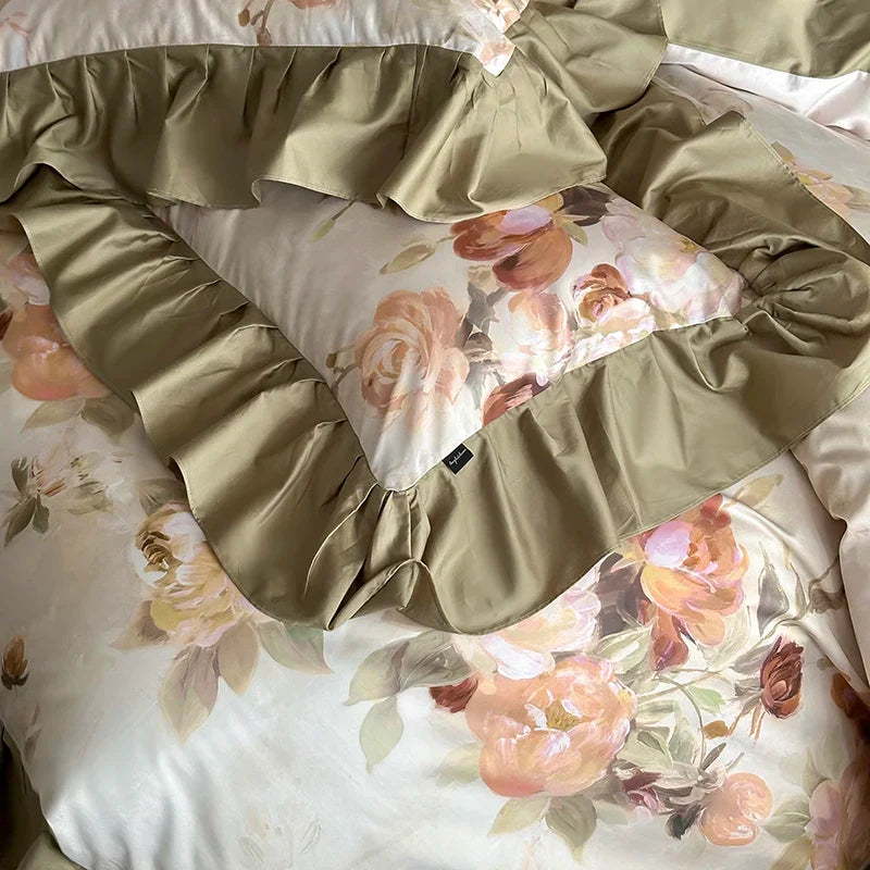 Decobites French Vintage Ruffles Bedding Set in Egyptian Cotton with Flowers Prints