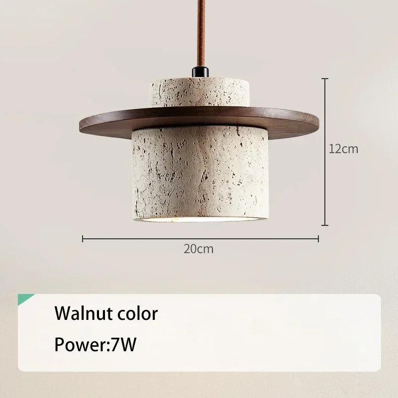 Modern Travertine Stone Pendant Light With Walnut Accent