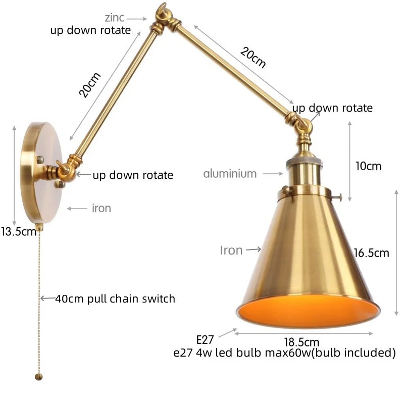 Lámpara de pared de brazo largo LED Decorbites™ con interruptor de cadena de tiro para hogar, hotel y baño