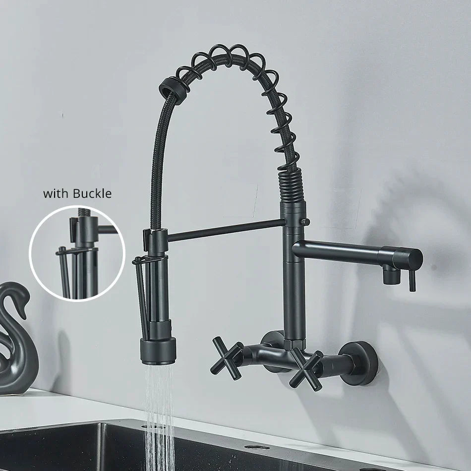 Decorbites™ Grifo de Cocina Dorado Negro de Montaje en Pared con Extracción y Dos Caños Giratorios