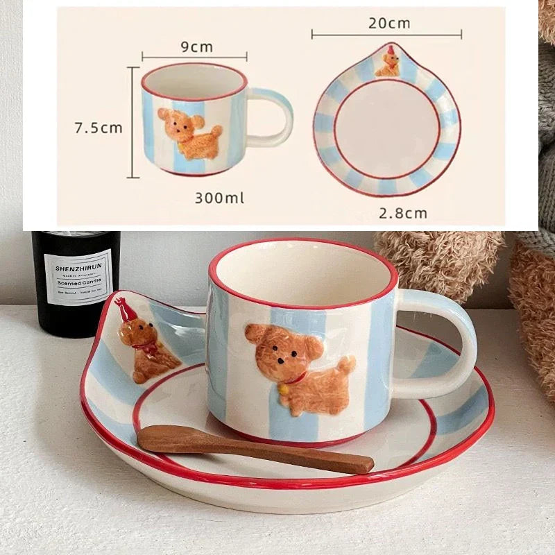 DecorBites™ Kawaii Animal Ceramic Drinkware Set: Coffee Cup, Dessert Plate, Cute Dog Mug