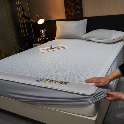 DecorBites™ Antibacterial Ice Silky Soft Fitted Sheet Set, Striped Geometric Pattern, Breathable Mattress Cover