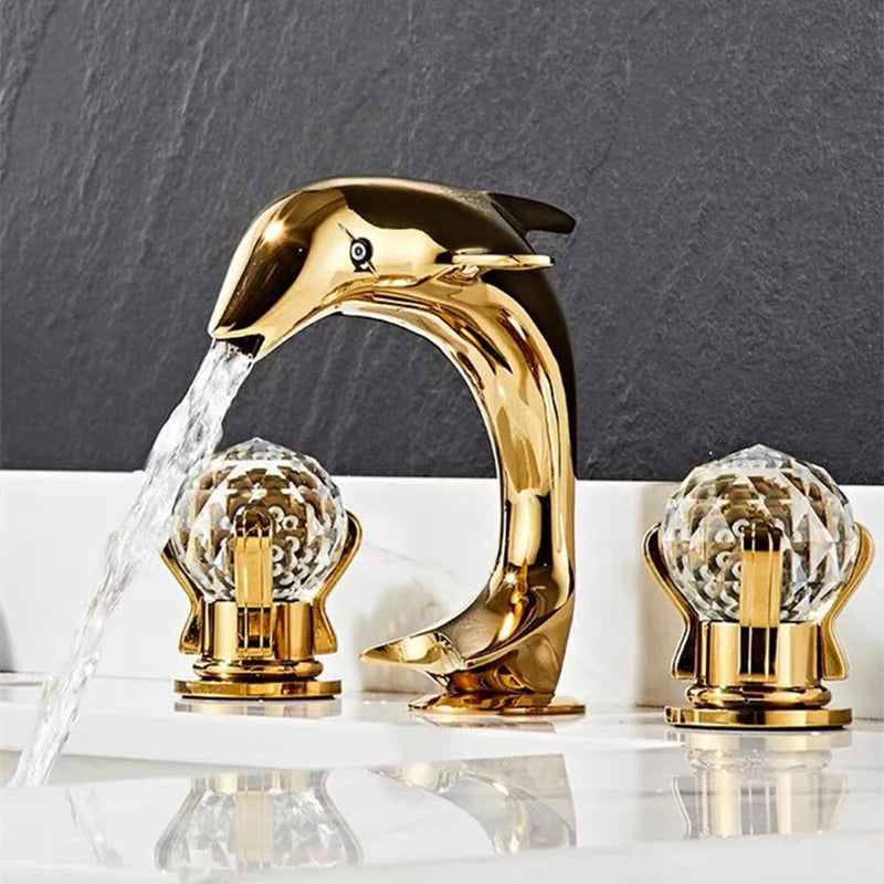 Grifo de Lavabo de Latón Níquel Delfín de la Marca Decorbites™ Gold Basin: Grifo de Lavabo de Baño, 3 Agujeros de Montaje Amplio