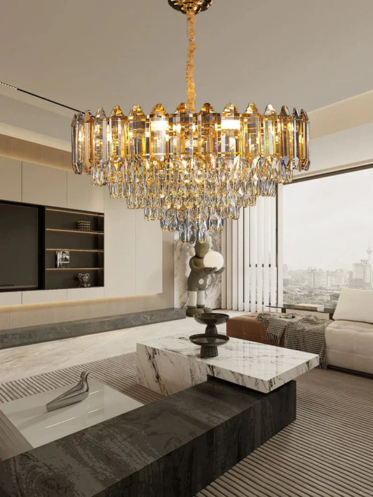 DecorBites™ Gold Amber Crystal Chandelier Lights Modern Room Decor Hanging Lamp