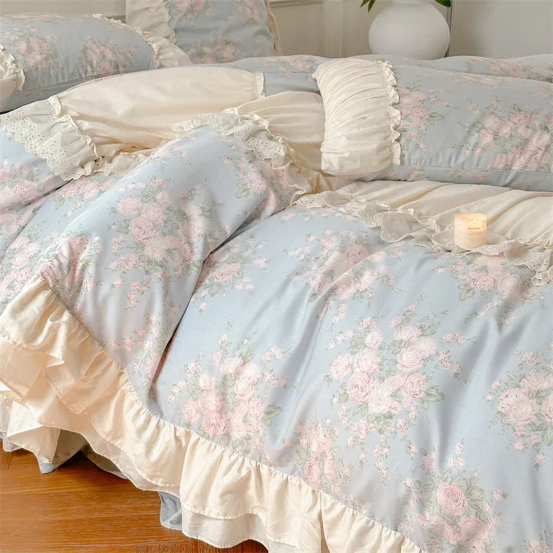 Decobites French Floral Bedding Set: Vintage Country Flowers with Ruffles, Duvet Cover, Flat Sheet & Pillowcases