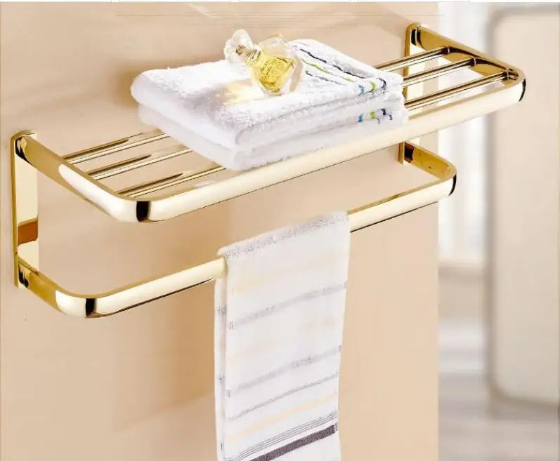 DecorBites™ Gold Brass Bathroom Hardware Set: Paper Holder, Towel Bar, Soap Basket, Towel Rack