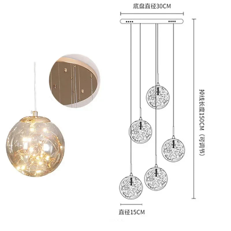 DecorBites™ Glass Chandelier: Gold LED Staircase Lighting, Minimalist Design