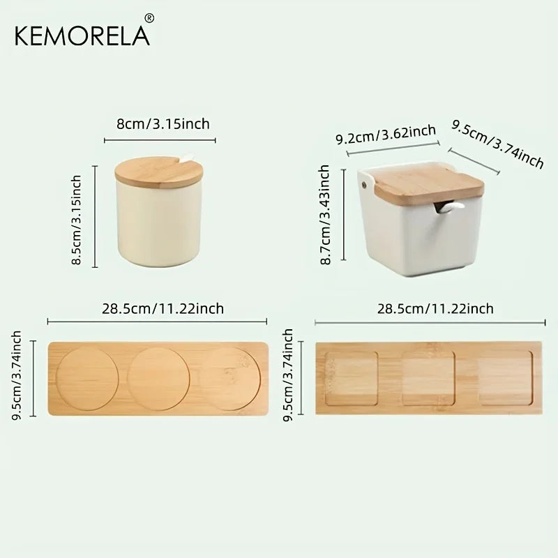 Conjunto de tarros de condimentos de cerámica retro japonesa Decorbites™ con bandeja - Organizador de cocina de 3 piezas