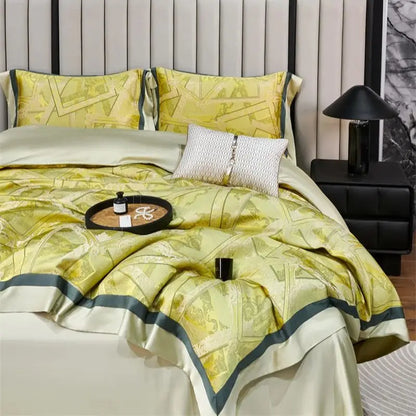 Decobites Luxury Jacquard Yellow Champagne Bedding Set with Satin Finish - 4-Piece