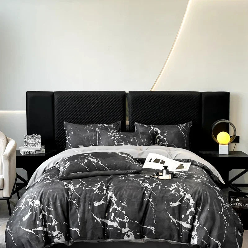 Decobites Black Grey Marble Ice Silk Duvet Cover Set - Luxury Cooling Comfort, Nordic Style