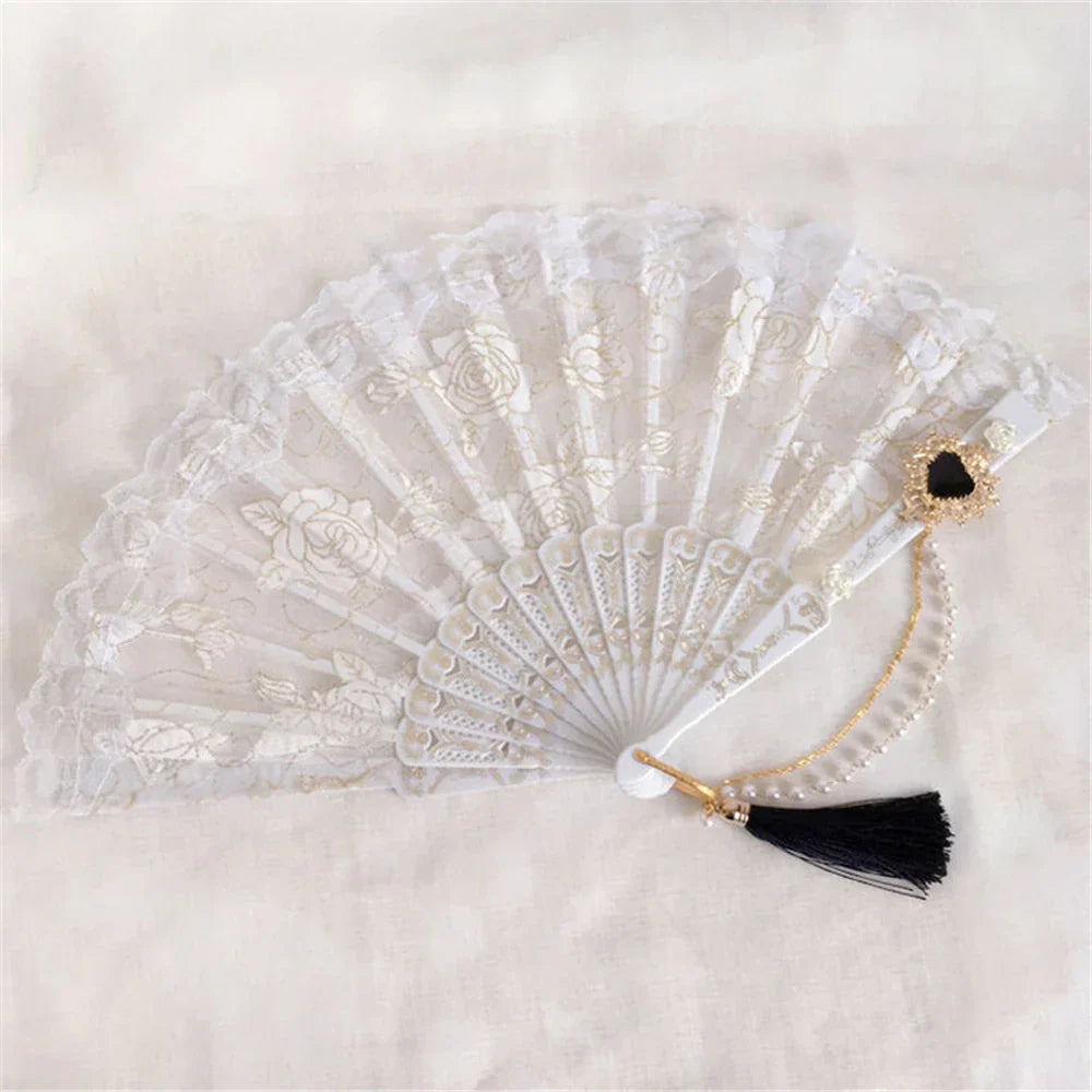 DecorBites™ Elegant Gemstone Handle Lace Fan for Dark Gothic Court Party