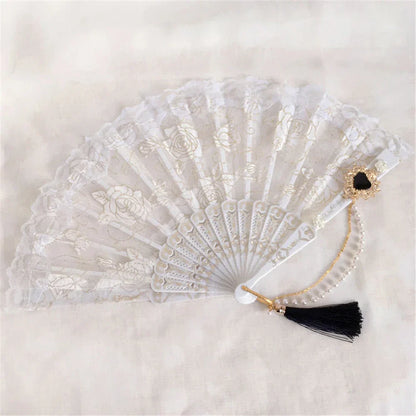 DecorBites™ Elegant Gemstone Handle Lace Fan for Dark Gothic Court Party
