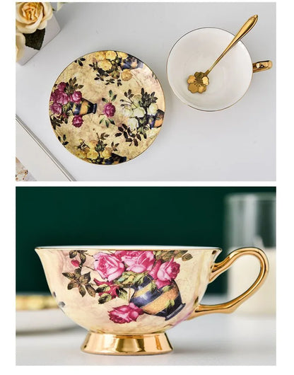 Juego de taza de té DecorBites™ de porcelana fina con platillo y cuchara - Elegante vajilla para fiestas de té negro