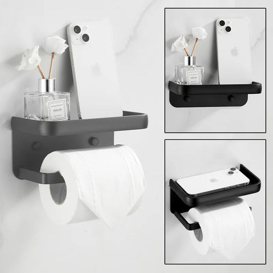 DecorBites™ Aluminum Black Tissue Holder with Phone Shelf - Toilet Paper Rack